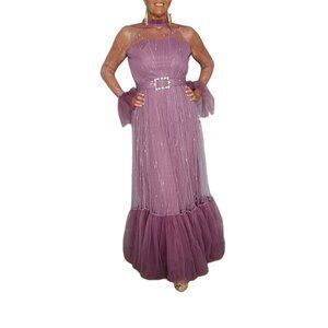 Women's Purple Tulle Evening Gown with Sheer Sleeves Rhinestone Belt Size L